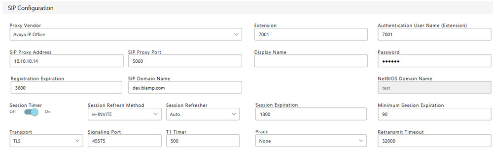 SIP Config Advanced View